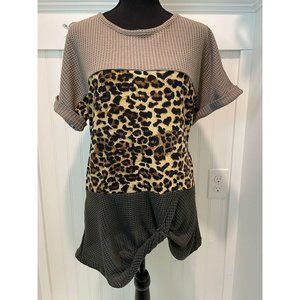 Valphsio Womens Leopard Patchwork Short Sleeve Twi